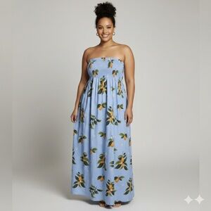 Floral Blue Maxi Strapless Smock Dress
